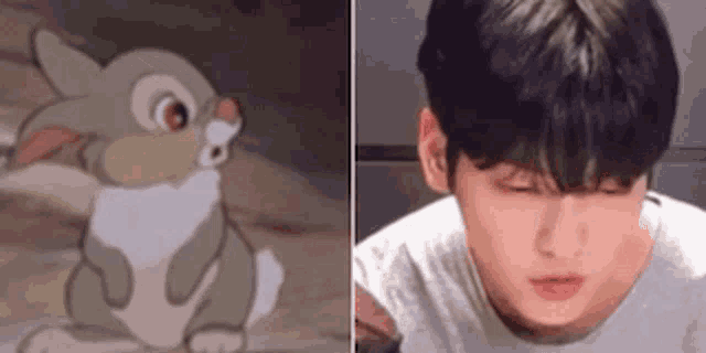 a picture of a cartoon rabbit and a picture of a man .