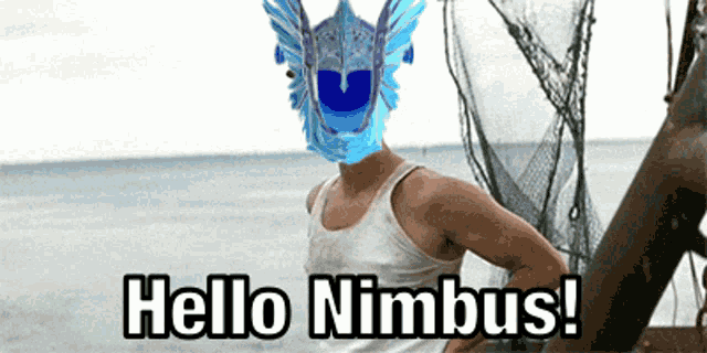 a man with a blue helmet on his head and the words hello nimbus below him