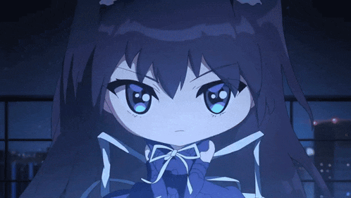 a cartoon girl with long black hair and blue eyes is looking at the camera