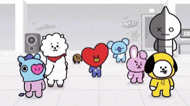a group of cartoon characters standing next to each other on a tiled floor .