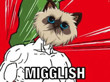 a cartoon of a cat with the word migglish written on it