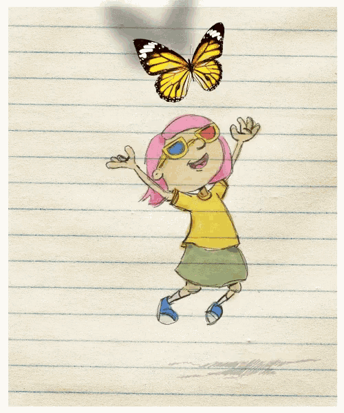 a drawing of a girl with pink hair jumping in the air with a butterfly