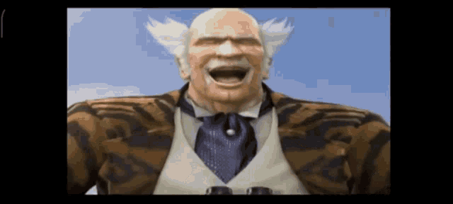 an old man with white hair and a beard is laughing