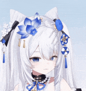 a close up of a girl with white hair and blue flowers