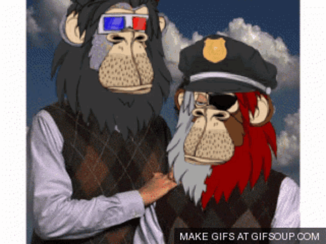 two monkeys wearing 3d glasses are standing next to each other with the words make gifs at gifsoup.com below them