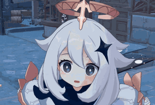 a close up of a cartoon character with white hair