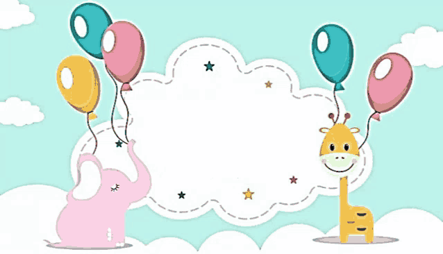a pink elephant and a giraffe holding balloons in front of a cloud
