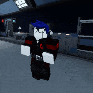 a roblox character with blue hair and glasses is standing in a dark hallway