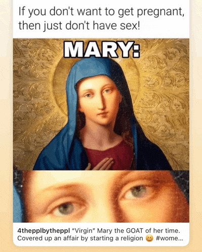 a picture of a virgin mary with the caption if you don 't want to get pregnant then just don 't have sex