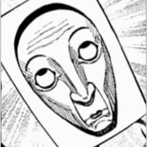 a black and white drawing of a man 's face with a strange expression .