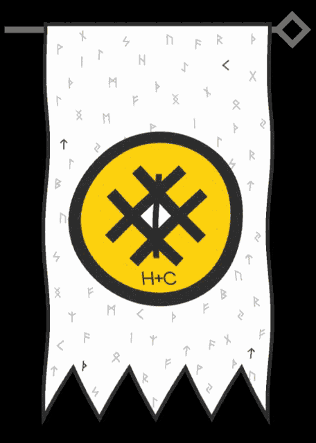 a white banner with a yellow circle with crosses in it and the word h + c on it