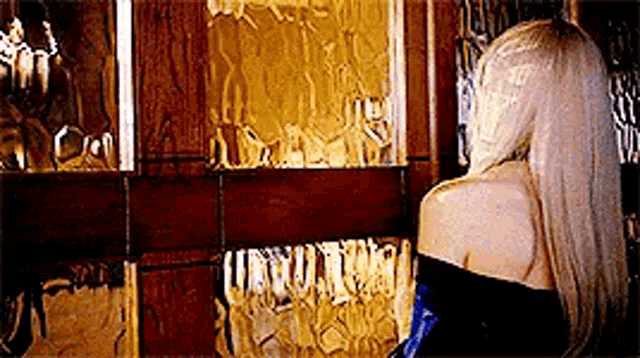 a woman with long blonde hair is standing in front of a mirror in a room .