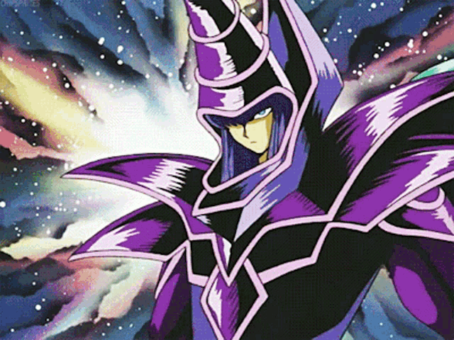 a purple and black cartoon character with a purple cape