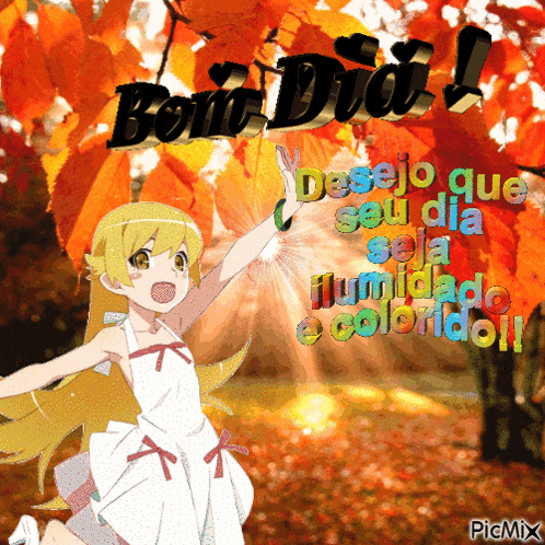 a girl in a white dress is surrounded by autumn leaves and says bom dia