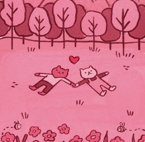 a drawing of two cats laying on the ground holding hands with trees in the background