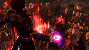 a man in a black leather jacket is holding a purple object