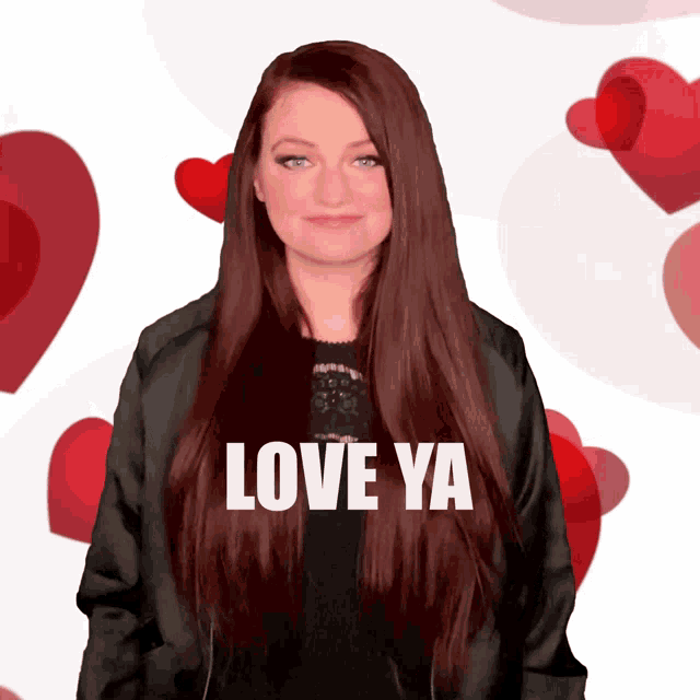 a woman with long red hair is surrounded by red hearts and the words love ya