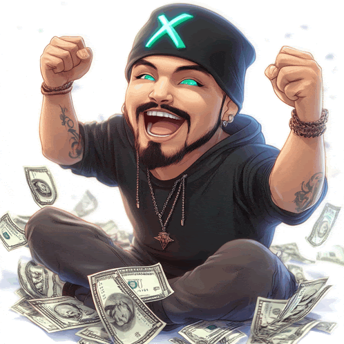 a cartoon of a man wearing a hat with a green x on it