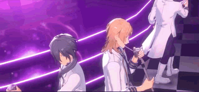 a group of anime characters are standing on a stage holding microphones .