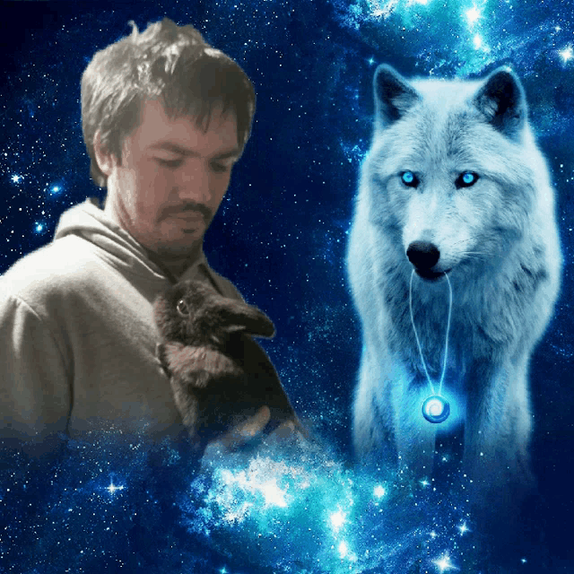 a man holding a puppy and a wolf with blue eyes