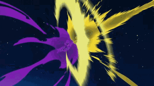 a purple and yellow explosion is coming out of a black hole .