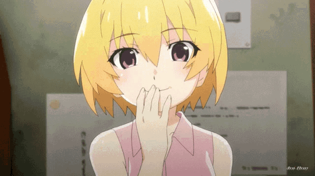 a yellow haired anime girl in a pink shirt covering her mouth
