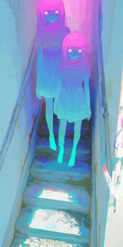 a painting of a girl with glowing eyes walking up stairs