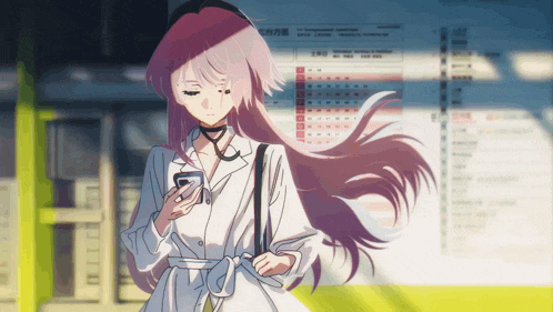 a girl with pink hair is looking at her phone in front of a calendar