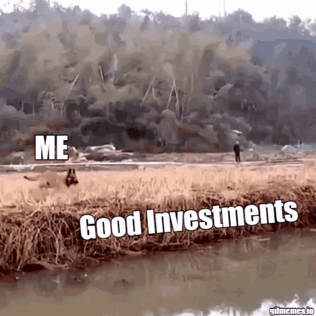 a cartoon of a man walking across a field with the caption me good investments