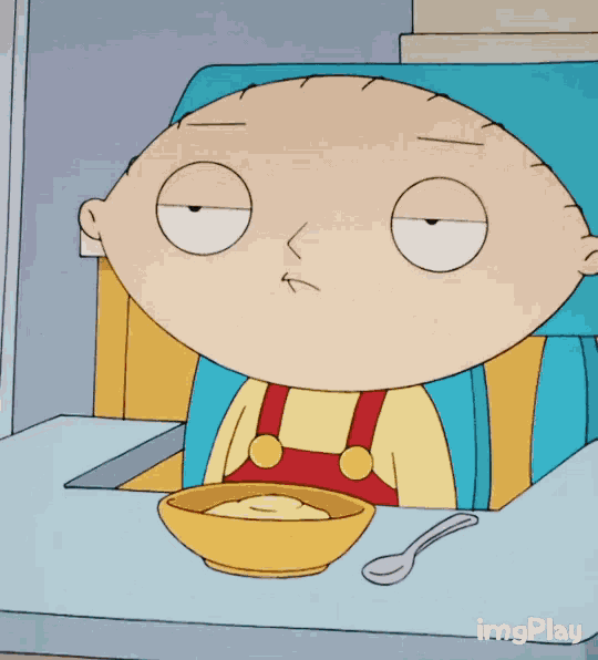 a cartoon of stewie griffin sitting at a table with a bowl of cereal