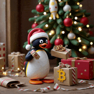 a penguin wearing a santa hat is holding a gift