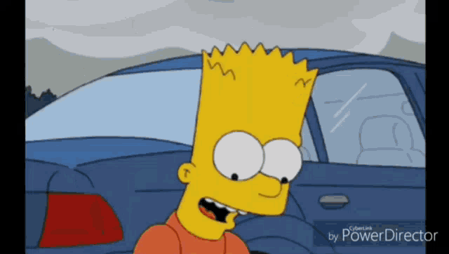 bart simpson is sitting in front of a blue car in a video made by power director