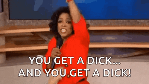 a woman in a red dress is holding a microphone and saying `` you get a dick and you get a dick ! ''