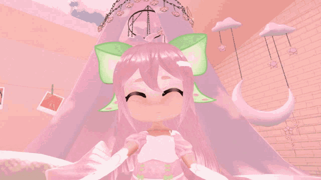 a cartoon character with pink hair and a green bow