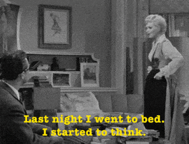 a black and white photo of a man and a woman with the words last night i went to bed i started to think