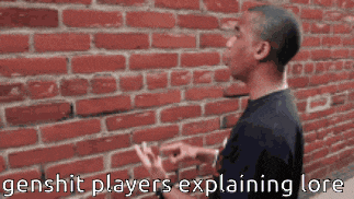 a man standing in front of a red brick wall with the words genshit players explaining lore
