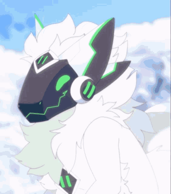 a cartoon drawing of a white furry animal with headphones on its head .