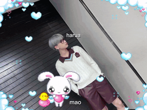 harua mao and a cartoon bunny are surrounded by hearts and bubbles