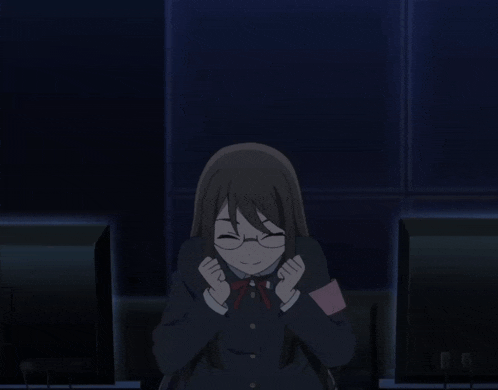 a girl with glasses and a microphone on her shoulder is standing with her arms outstretched