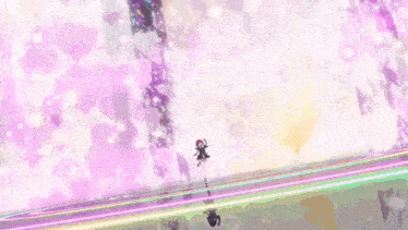 a girl is standing on a rainbow in front of a pink background with hearts .