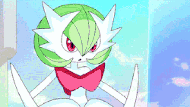 a green and white pokemon with red eyes is holding a black ball in its mouth