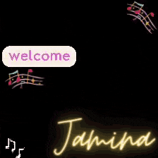 a woman is standing in front of a sign that says welcome jamina