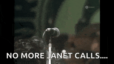 a woman is singing into a microphone with the words `` no more janet calls ... ''