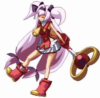 a pixel art drawing of a girl with long purple hair holding a ring .