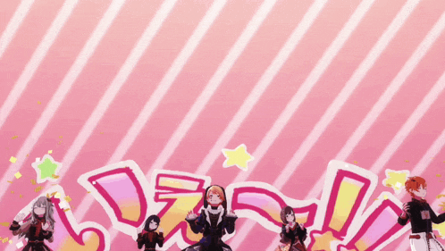 a group of anime characters are dancing in front of a pink background
