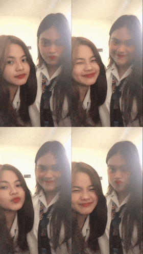 a collage of four images of two girls with one wearing a lanyard that says ' a ' on it