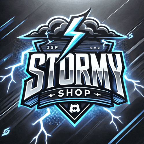 a logo for stormy shop with a lightning bolt on it