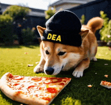 a dog wearing a beanie that says dea eating a slice of pizza