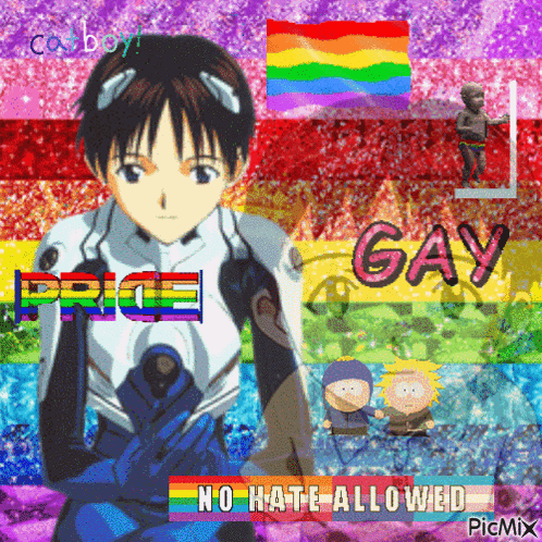 a cowboy bebop poster with a rainbow flag and the word gay on it