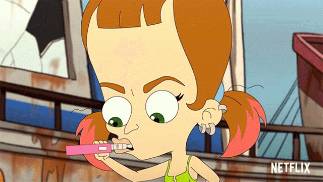 a cartoon of a girl holding a pregnancy test in her mouth